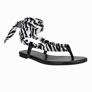 Nine West Trap Ankle Wrap Flat Sandals - Black/White - Ireland (HL0142386)